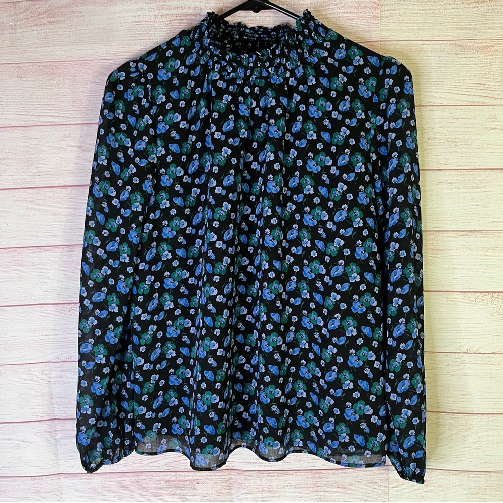 J.Crew Navy Blue Smock Neck Floral Long Sleeves Blouse Sizeโ XXS